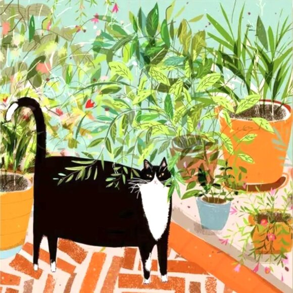 24"L x 16"W Boho Black Cat w/ Houseplants Plants Unframed Canvas Art Print New - Picture 2 of 3